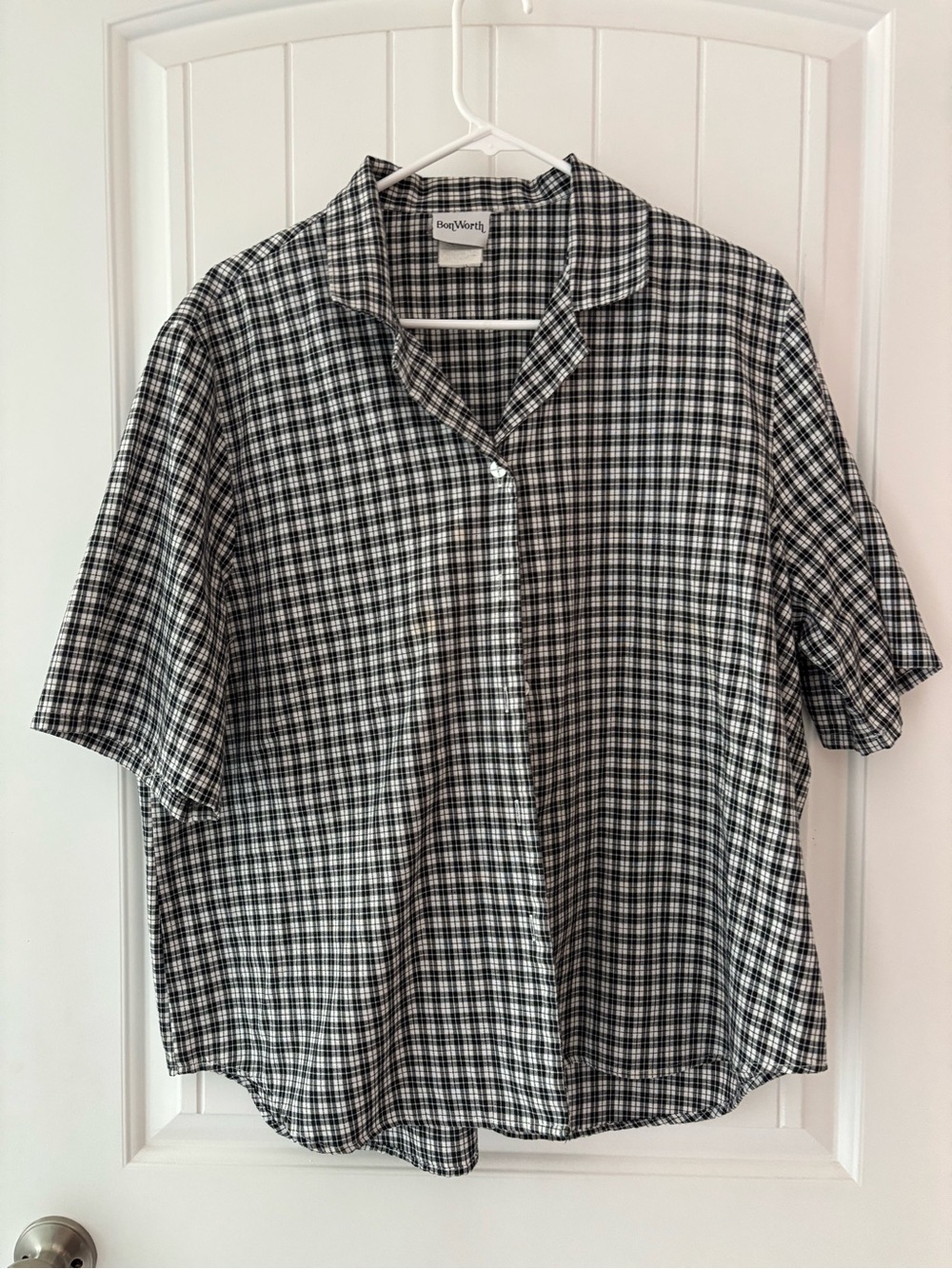 BonWorth Black and White Plaid Short Sleeve Button-Up Top